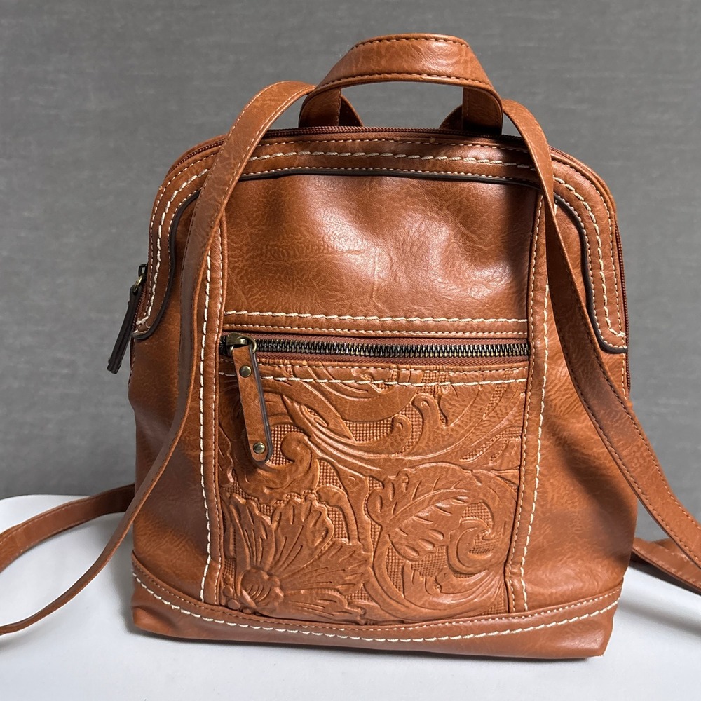 b.o.c. Born Backpack Brown Tooled Floral Faux Leather Everyday Bag Purse Casual